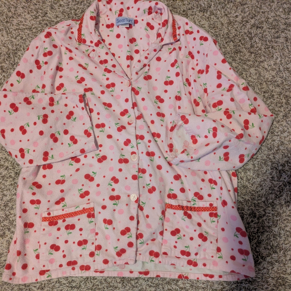 Pink Cherry Print 100% Cotton Pajamas Pants and Long Sleeve Top - Picture 2 of 7